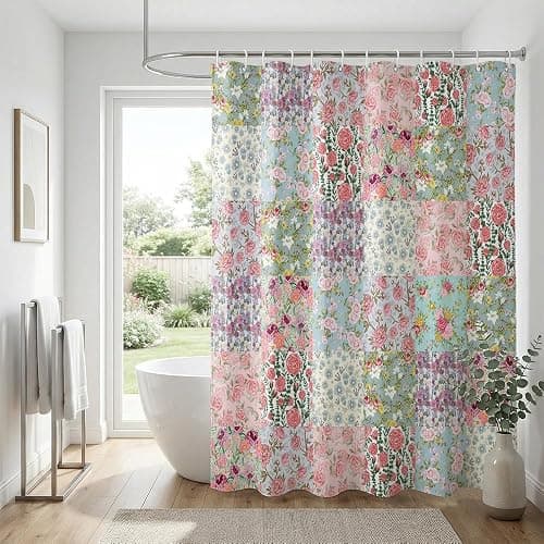 KLYOHAUS Vintage Floral Collage Shower Curtain,180x180cm • Semi-Transparent Water-Resistant Polyester • Includes 12 Hooks • Rustic Decor - Image 1