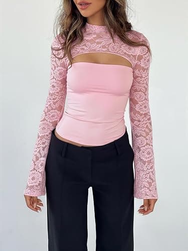 Xuiqx Women's Lace Long Sleeve Going Out Tops Sexy Y2K Crew Neck Cutout Double Lined Slim Night Out Shirts thumbnail 2