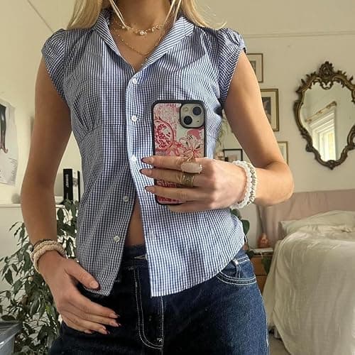 Women Y2k Plaid Button Up Shirt Cute Preppy Cap Sleeve V Neck Crop Top Coquette Babydoll Blouse Fitted Going Out Top thumbnail 2