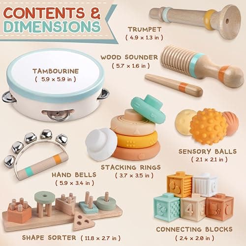 Montessori Baby Toys for 1 Year Old, Wooden Musical Instruments for Toddlers 1-3, Infant Sensory Teether, Stacking Toy Shape Sorter, Neutral Color Educational Birthday Gift for Kids 3+ (8 IN 1) thumbnail 6