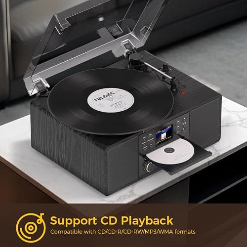 Bluetooth Vinyl Record Player with CD & Internet Radio, 3-Speed Belt-Drive Turntable with USB Recording, AUX/RCA Output, Tone & Remote Control, Vintage Black Vinyl Player for Home Entertainment & Gift thumbnail 4