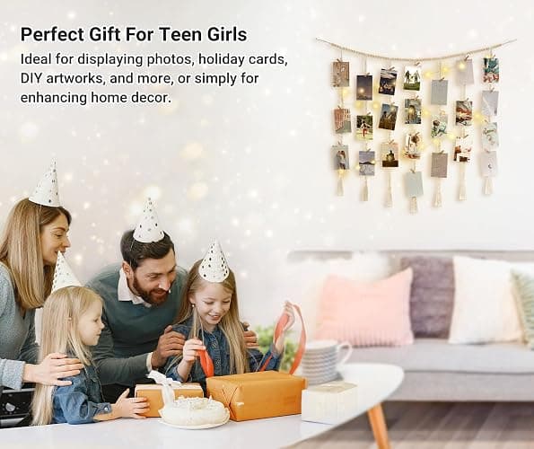 Mkono Macrame Hanging Photo Display Wall Decor with String Lights, Boho Wooden Beads Garland Collage Picture Card Frame Holder with 45 Clips for Bedroom Living Room Dorm, Teen Girls Christmas Gifts thumbnail 6