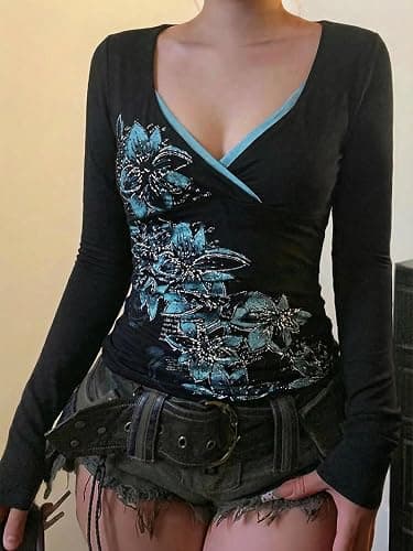 EMMIOL Y2k Fairy Grunge Long Sleeve Shirts for Women | Vintage, Cute, Sexy, Floral Printed, Summer V Neck Crop Tops, Emo Gothic Clothes Going Out Tops, Daily Casual Wear thumbnail 5