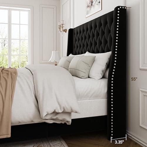 SEREINEY Full Bed Frame with 55" Tall Headboard, Upholstered Bed Frames, Soft Fabric, Button Tufted Headboard with Windback, Platform Bed, Noise-Free, No Box Spring Needed, Black thumbnail 3