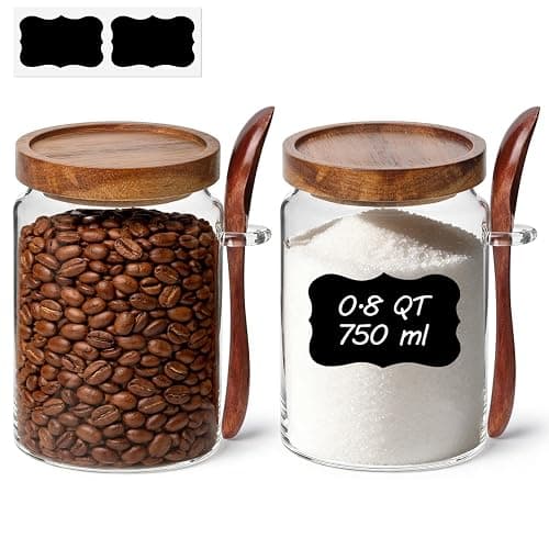 ComSaf Coffee Storage Canister with Acacia Wood Lids & Scoops 0.8Qt 2Pack | Glass Containers for Coffee Lover, Whole Beans Grounds Sugar, Coffee Bar & Office Tabletop, Jars with Labels, Lead-Free - Image 1