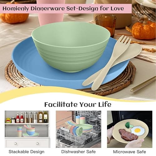 Wheat Straw Dinnerware Sets, 20 PCS Dishes Dinnerware Set Microwave and Dishwasher Safe, Lightweight Unbreakable Dishes, Reusable Dinner Plates Kids Plates and Bowls Sets for Kitchen, Camping - 20 PCS - Multicolor-Light thumbnail 6