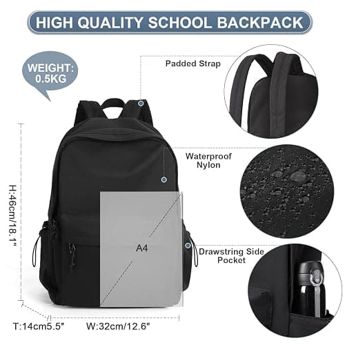 Black School Backpack for Girls Women Waterproof High School Book Bag Cute Backpack for Men Teens Boys, Lightweight Simple Middle School Back Pack Daypack thumbnail 2