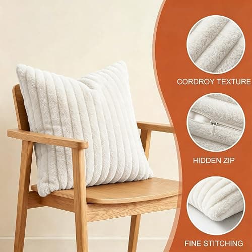 Set of 2 Faux Fur Decorative Soft Striped Cushion Covers 45x45 cm,Cream Soft Couch Square Throw Pillow Covers 18x18 Inch with Invisible Zipper for Sofa Bedroom Decorative Fluffy Large Pillowcases thumbnail 6