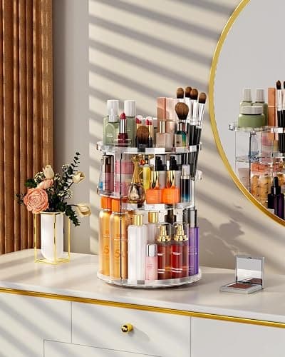 HOOMOOZ Make Up Kosmtik Organizer, 360° Drehbar Skincare Organizer, Multifunktion Schmink Aufbewahrung, Verstellbare Aufbewahrungsbox Desktop für Dresser Schlafzimmer Badezimmer, Transparent thumbnail 2