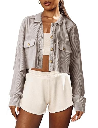 Panadila Women's Cropped Waffle Knit Shacket Short Button Down Jacket Batwing Sleeve Shirts with Pocket thumbnail 3