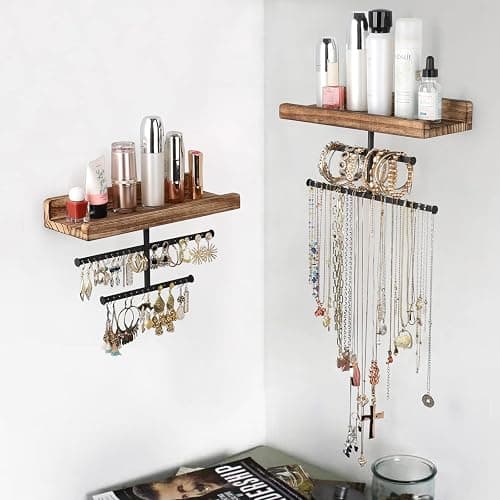 Keebofly Hanging Wall Mounted Jewelry Organizer with Rustic Wood Jewelry Holder Display for Necklaces Bracelet Earrings Ring Set of 2 Carbonized Black,[Patented] thumbnail 5