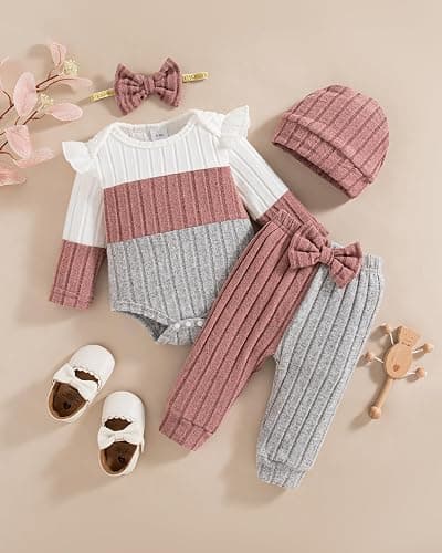 Mioglrie Newborn Baby Girl Clothes Infant Fall Outfits Color Block Pants Set Baby Clothes for Girls 0 3 6 9 12 18 Months thumbnail 4