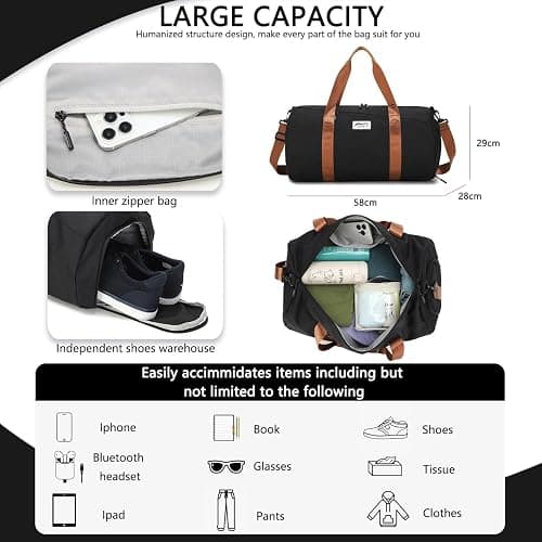 BE Smart Gym Sports Duffle Bag, Waterproof Gym Bags with Shoe Compartment, Lightweight Large Option for Overnight Workout Weekender Trip (Black-Brown, Without Dry & Wet Pocket) thumbnail 5