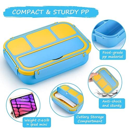 QQKO Bento Lunch Box for Kids Girls Boys, Toddler Kids Lunch Boxes for School, Lunch Containers for Adults with 4 Compartments, Sauce Container, Utensils, Food Picks and Muffin Cups, Blue thumbnail 4