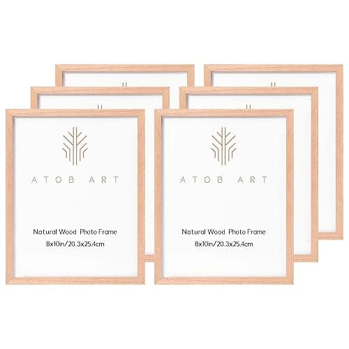 ATOBART 8x10 Solid Oak Wood Picture Frames, 6 Pack | Natural solid oak frames with polished real glass, horizontal & vertical wall mounting and tabletop display for home decor - Image 1