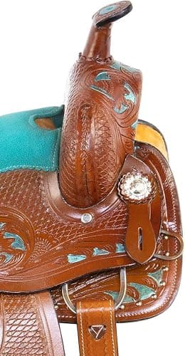 LEATHERRIDE Western Leather Barrel Saddle Floral Embossed Tooled Trail Rodeo Horse Saddle with Matching Headstall, Reins and Breast Collar thumbnail 8