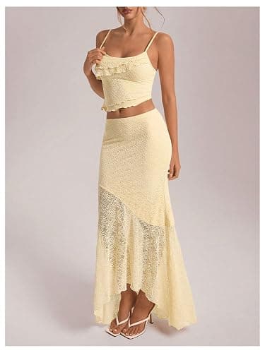 PRSFPN Women's 2 Piece Outfits Ruffled Cami Crop Top & Flowy Maxi Skirt Boho Chic Sets thumbnail 5