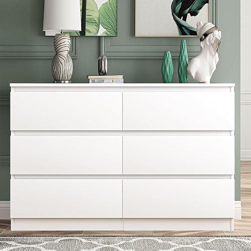 Vibe & Dine White Dresser 6 Drawer, Modern Double Dresser for Bedroom, Wood Chest of Drawers with Wide Storage for Living Room thumbnail 2