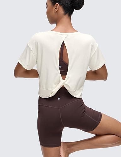 CRZ YOGA Open Back Short Sleeve Crop Top for Women Loose Athletic Yoga Workout Shirts Casual Cropped T-Shirts thumbnail 5