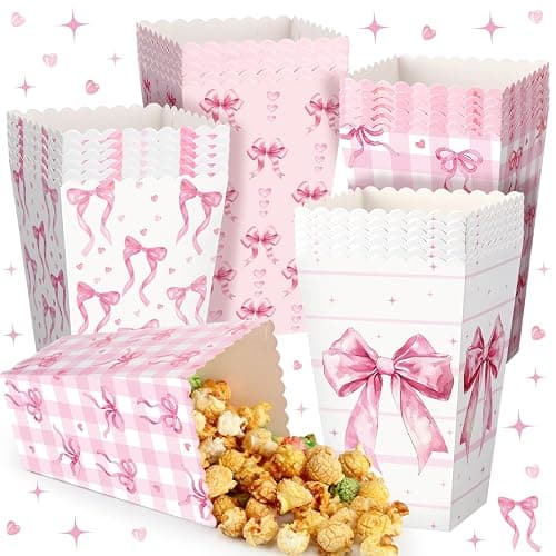 Honeydak 24 Pcs Pink Bow Popcorn Boxes Paper Kraft Popcorn Buckets Pink Container Goodies Candy Boxes for Girls Birthday Galentine Valentine's Day Wedding Bridal Shower Party Decorations - Image 1