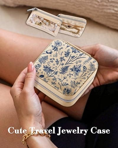 Bistup Travel Jewelry Case - Small Jewelry Organizers and Storage Box for Women Girls Teens Cute Traveling Jewelry Holder with Mirror Little Tiny Compact Modern Unique Aesthetic Pretty, Blue Floral thumbnail 2