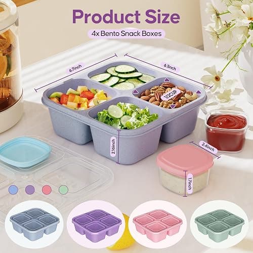 TIME4DEALS 4 Pack Divided Snack Containers, Reusable 4 Compartment Snack Containers Bento Box with 2Pcs Sauce Containers, BPA-Free Meal Prep Lunch Containers for Kids & Adults (School, Work, Travel) thumbnail 2