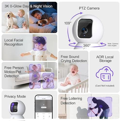 CINMOORE 5G Security Camera Indoor 2-Pack, No-Monthly-Fee AI Tracking Facial Recognition, 3K Pet/Dog Camera with Speaker/Phone App, PTZ WiFi Baby Monitor Cameras for Home Security, 0-Glow Night Vision thumbnail 2