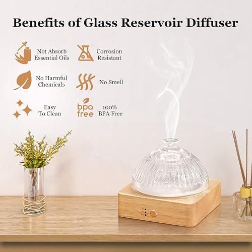 Lecdura Glass Essential Oil Diffuser with Glass Reservoir & WoodBase, 200ml Ultrasonic Lock Color Timer Auto-Off 7 Color Light Aroma Glass Dome Diffuser for Home Office Bedroom Yoga thumbnail 3
