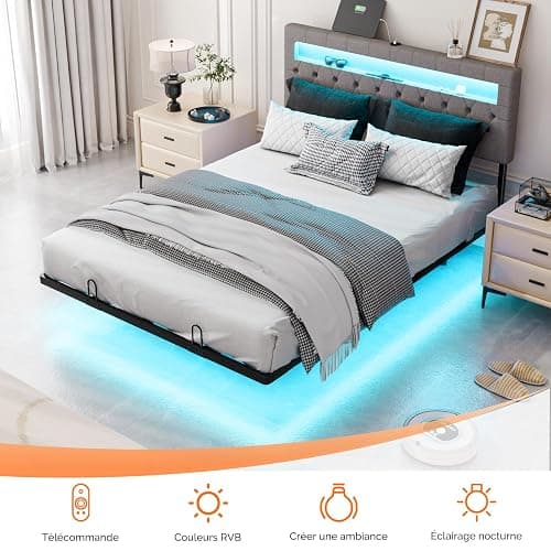 Bonnlo Lit 140 x 190 avec Sommier, Lit 2 Personnes Flottant avec Éclairage LED et Ports USB/Type-C, Tête de Lit Tapissée avec Rangement, Structure Stable en Métal, Tissu en Lin Gris thumbnail 7