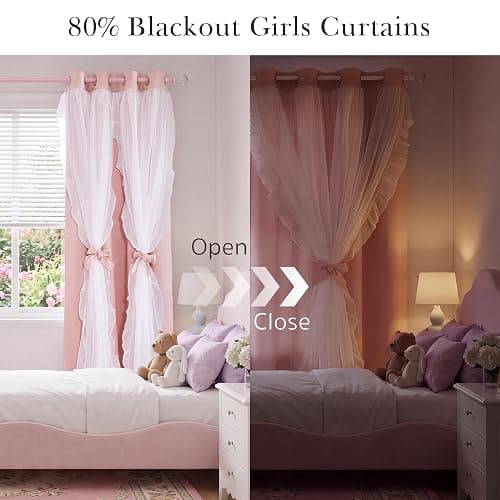 PONY DANCE Pink Blackout Curtains for Nursery/Girls Bedroom, 2 Panels | Double Layer Bow Curtains with Ruffle Sheer Overlay, Cute Shabby Chic Kids Toddler Room Decor Drapes Coquette Style,W52 x L84 thumbnail 2