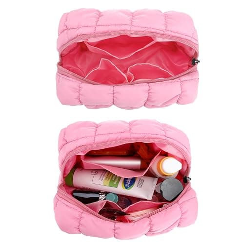 E-Tree Cute Makeup Bag,Quilted Cosmetic Bag for Women,Make up Pouch for Purse,Toiletry Zipper Pouch,Checkered Bag,Travel Case,Storage Pouches for Organization (Pink) thumbnail 6