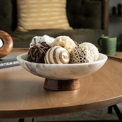 Cork & Mill Marble Decorative Bowl for Home Decor - Handcrafted Natural Stone with Acacia Wood Pedestal - Versatile 11" Catch All for Entryway, Kitchen Fruit Bowl, Potpourri, Dining Table Centerpiece thumbnail 6