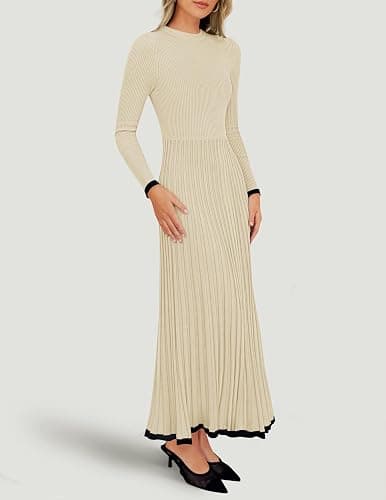 ZESICA Women's Long Sleeve Sweater Dress Fall 2025 Crewneck Ribbed Knit Pleated A-Line Maxi Wedding Guest Dresses thumbnail 6