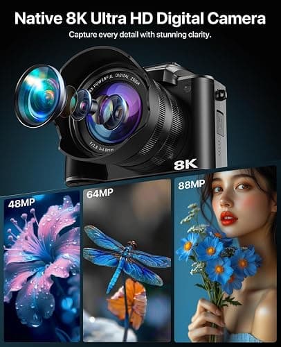 8K Digital Cameras for Photography, 2026 Autofocus 88MP WiFi Professional Photography Camera with Dual-Lens for YouTube, 16X Digital Zoom, TF Card, Lens Hood, Touch Screen,2 Batteries & Charging Stand thumbnail 3