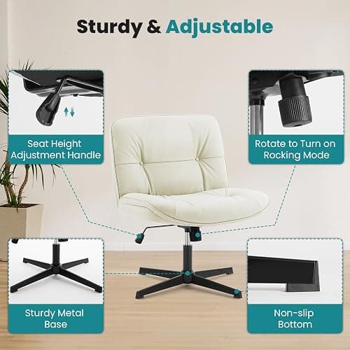 OLIXIS Criss Cross Chair Without Wheels, Cross Legged Office Chair, Armless Wide Vanity Desk Chair with Comfy PU Leather& Back - Swivel for Home Office Bedroom, Beige thumbnail 5