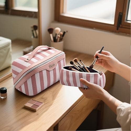 BOYATU Travel Makeup Bag for Women: Large Cosmetic Bag Set of 3 - PU Leather Make up Bag with Compartments - Compact Waterproof Toiletry Bag with Divider & Handle (B-1-Pink) thumbnail 2