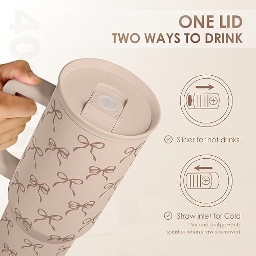 Bow Tumbler with Handle and Straw 40oz – Stainless Sleel Slider Tumbler Travel Coffee Mug for Women - Gift Idea for Birthday Christmas thumbnail 5