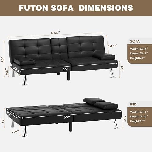 OKWF Futon Sofa Bed, Leather Futon Couch with Removable Armrests, Adjustable Recliner Sleeper Sofa Bed with Dual Cup Holders for Living Room, Apartment, Office (Black), 30.7 x 65 x 28 thumbnail 3