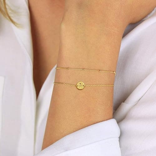 MONOZO Gold Initial Bracelets for Women Girls Jewelry Gifts - Dainty 14K Gold Plated Layered Beaded Letter Bracelet 26 Alphabet Disc Monogram Initial Bracelets Birthday Gifts for Women Girls Teens thumbnail 7