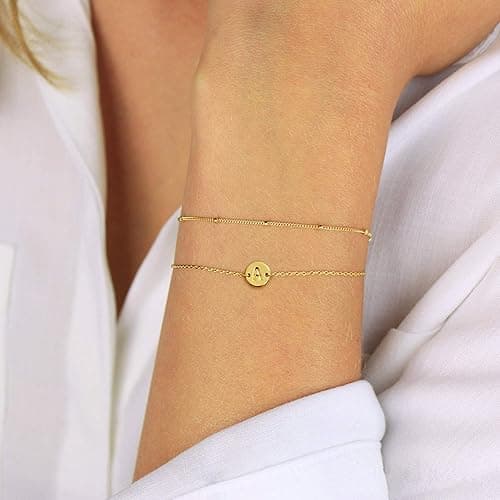MONOZO Gold Initial Bracelets for Women Girls Jewelry Gifts - Dainty 14K Gold Plated Layered Beaded Letter Initial Bracelet 26 Alphabet Disc Monogram Charm Bracelet Jewelry Birthday Gifts for Women thumbnail 8