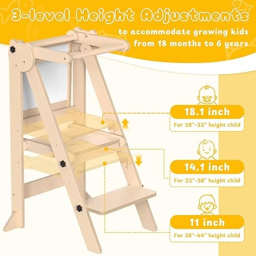 Foldable Toddler Tower, Wooden Toddler Kitchen Stool with 3 Adjustable Heights and Removable White/Blackboard, Montessori Foldable Learning Tower Kitchen Stool, Natural Wood thumbnail 5