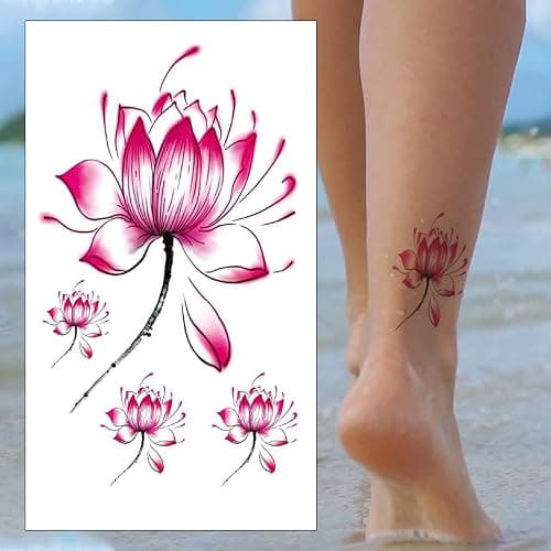 Pink Lotus Flowers Temporary Tattoo Set - Small Floral Cute Realistic Waterproof Transfer Sticker Arm Body Art Men Women Kids - By Delusion Tattoos - Image 1