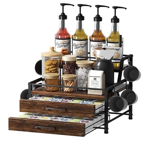 Homsorout Coffee Syrup Rack Organizer - 4-Tier 8 Syrup Wine Bottles Stand with 82 Storage Drawer for K Cups, Coffee Pod Holder for Countertop, Bar Station, Kitchen, Rustic Brown - Image 1