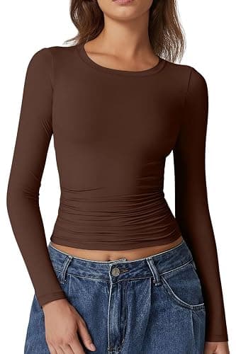 QINSEN Womens Crewneck Long Sleeve Shirt Double Lined Basic Tees Side Ruched Going Out Crop Tops - Image 1