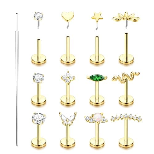YADOCA 20G/18G/16G Threadless Nose Studs for Women Hypoallergenic Surgical Steel Flat Back Stud Earrings 14K Gold Plated Push in Nose Rings Studs CZ Lip Labret Cartilage Helix Tragus Piercing Jewelry - Image 1