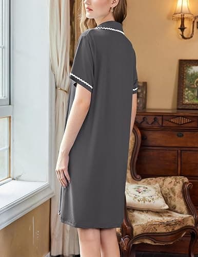 Ekouaer Nightgowns for Women Button Down Sleepshirt Short Sleeve Night Gowns Boyfriend Nightshirt Soft Sleepwear S-XXXL thumbnail 3