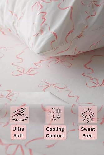 Elegant Bow Bedding Sheets Set – 1 Flat sheet - 1 Fitted sheet - 2 Pillowcovers - Coquette aesthetic, Pink - Soft, Breathable & Cozy Sheet - Bow girly - Bow decor (Pink bows, Queen (U.S. Standard)) - Pink Bows - Queen (U.S. Standard) thumbnail 4