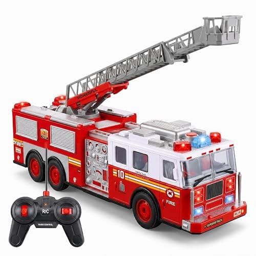 Liberty Imports RC Fire Truck - Big Remote Control Toy Fire Truck - 14" Rescue Fire Engine with Flashing Lights and Siren Sounds, Extendable Rescue Ladder for Kids - Image 1