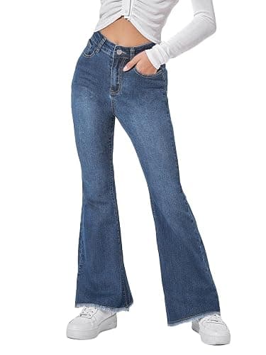 WDIRARA Women's Petite High Waisted Raw Hem Flared Jeans Stretchy Bell Bottom Denim Pants - Image 1