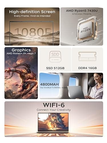 KAIGERR Gaming Laptop, Laptops with AMD Ryzen 7430U(Up to 4.3GHz), 16GB DDR4 512GB SSD Laptop Computer, 15.6inch Windοws 11 Laptop, 1920P FHD Display, WiFi 6, USB3.2, Type_C thumbnail 2